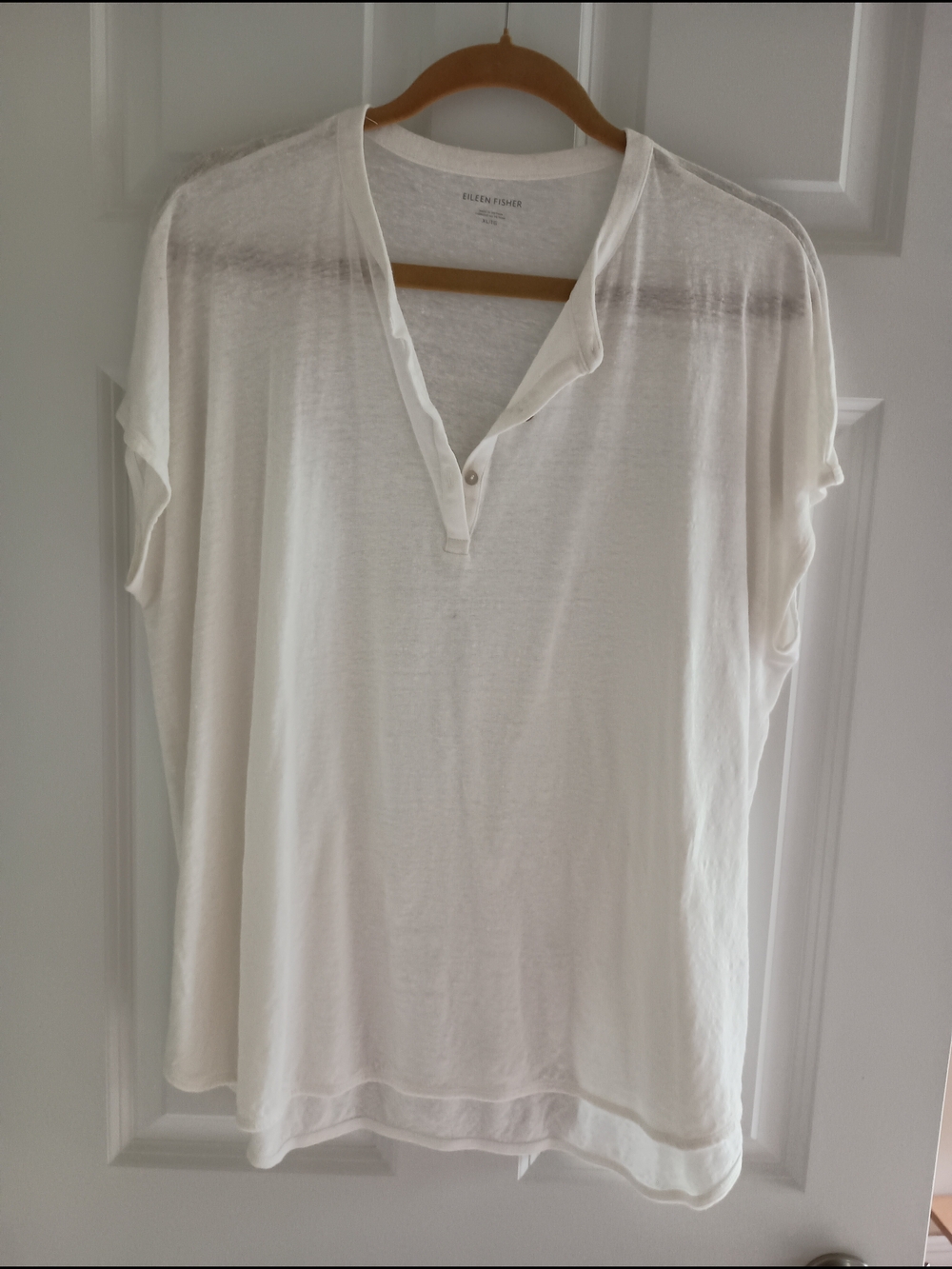 Eileen Fisher White Linen Jersey Henley Top